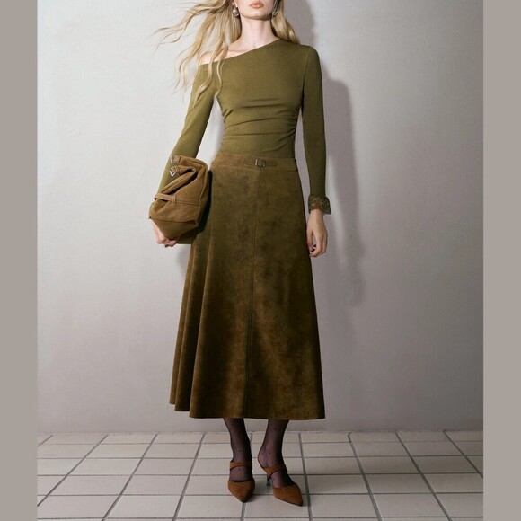 Tops - Olive Green Asymmetrical Neck Top with Lace Trim Cuffs